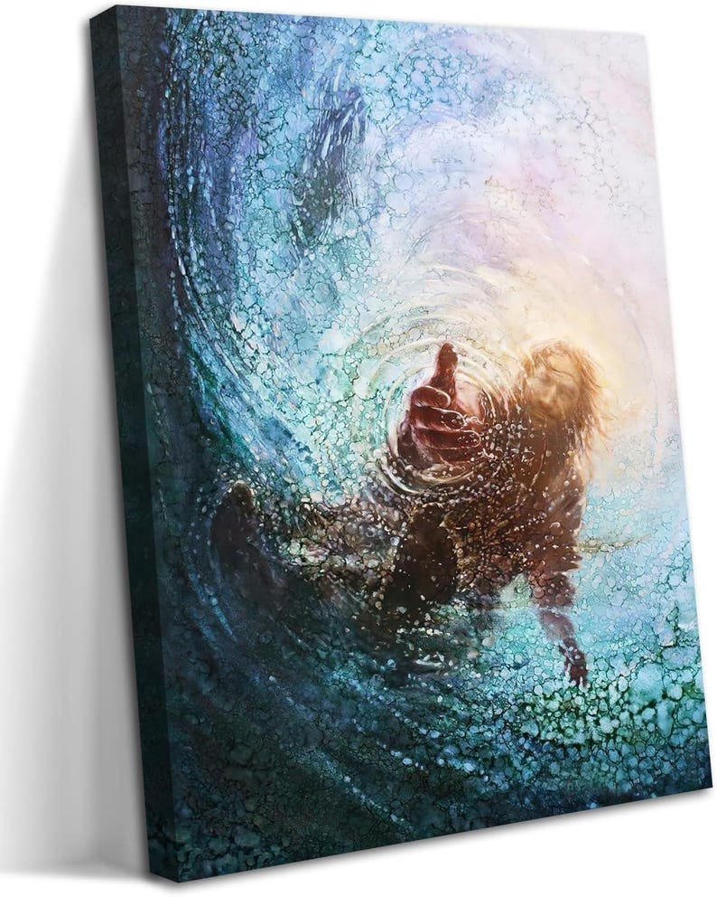 May include: A canvas print showing a figure reaching out from water, with a swirling effect. The artwork uses blues, greens, and browns, with a central light source. The image conveys a feeling of hope and salvation.
