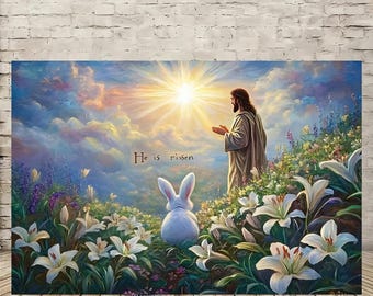 He Is Risen Canvas Wall Art, Christian Easter Decor, Jesus Resurrection Print, Floral Lily Bunny Artwork, Religious Wall Decor