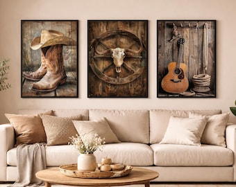 Western Canvas Wall Art Set of 3, Rustic Cowboy Wall Decor, Country Music Guitar Longhorn Skull Canvas Prints, Farmhouse Ranch Wall Art