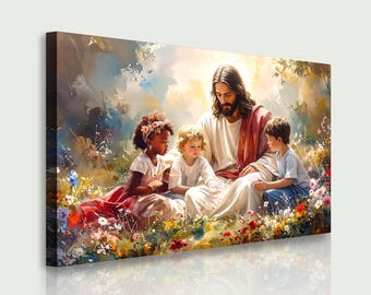 Jesus with Children Canvas Wall Art – Christian Family Decor, Nursery Religious Wall Art, Faith Based Home Decor, Baptism Gift