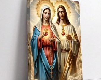 Virgin Mary Sacred Heart Jesus Canvas Print, Christian Wall Decor, Catholic Home Decor Gift