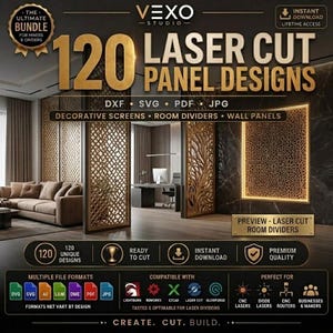以下が含まれることがあります： 装飾スクリーン、間仕切り、壁パネル用の120種類のレーザーカットパネルデザインのデジタルバンドル。グラフィックは暗い背景に金色のテキストで構成され、DXF、SVG、PDF、JPGなどのファイル形式が記載されており、CNCレーザー、ダイオードレーザー、CNCルーターとの互換性アイコンが表示されています。