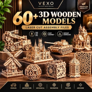 60 Premium 3D Assembly Models Laser Cut Files Mega Bundle | CDR DXF Vector Patterns | Puzzle, Gift Boxes & Wooden Construction Templates
