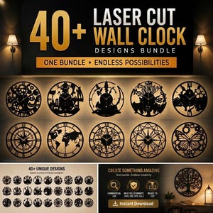 Peut inclure: Un ensemble numérique de plus de 40 modèles d'horloges murales découpées au laser, présentant diverses silhouettes noires complexes, notamment des engrenages, des cartes, des arbres et des papillons. Le texte indique 40+ LASER CUT WALL CLOCK DESIGNS BUNDLE.