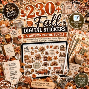 Può includere: Un pacchetto digitale con oltre 230 adesivi e carte a tema autunnale. Lo schermo del tablet mostra illustrazioni di zucche, mobili accoglienti, foglie e testi come 'Fall is my favorite' e 'pumpkin spice' per agende digitali.