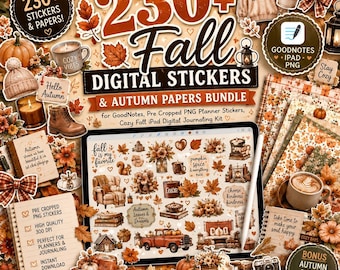 May include: A digital sticker and paper bundle featuring over 230 autumn-themed graphics for GoodNotes, iPad, and PNG use. The collection includes illustrations of pumpkins, autumn leaves, cosy jumpers, mugs, and trucks, presented on a tablet screen.