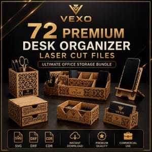 Può includere: Una collezione di organizer da scrivania in legno tagliati al laser con intricati motivi geometrici e il logo VEXO. Il set include un portapenne, un vassoio a scomparti, un supporto per telefono, un'unità a due cassetti e un portabiglietti.