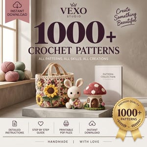 Può includere: Una collezione digitale di 1000+ schemi all'uncinetto di Vexo Studio con una borsa granny square con girasoli, un coniglietto all'uncinetto e una casa a fungo. Testo incluso: 1000+ CROCHET PATTERNS, ALL PATTERNS. ALL SKILLS. ALL CREATIONS.