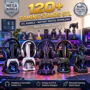 Puede incluir: Un paquete digital de más de 120 soportes de juego en formato STL para impresión 3D. La imagen muestra varios soportes para auriculares y mandos con diseños de ciencia ficción, algunos con luces LED, y el texto Mega Bundle.