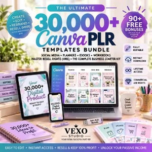 Puede incluir: Un paquete de productos digitales con más de 30,000 plantillas Canva PLR, incluyendo redes sociales, planificadores y libros electrónicos. Muestra una computadora portátil, tableta, teléfono y un cuaderno con 30,000+ Ideas to Profit.
