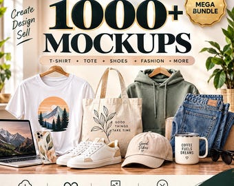May include: A digital product advertisement for Vexo Studio featuring a white t-shirt with a mountain graphic, a canvas tote bag, a green hoodie, blue jeans, white trainers, a beige baseball cap, a mug, and a laptop displaying a mountain scene.