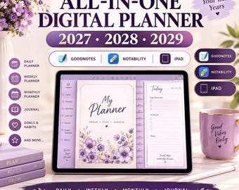 May include: A digital planner displayed on a tablet screen featuring purple floral graphics and the text My Planner Dream Plan Achieve. The interface includes tabs for daily, weekly, and monthly views, compatible with Goodnotes, Notability, and iPad.
