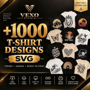 Può includere: Una collezione digitale di oltre 1000 design di magliette in formato SVG di Vexo Studio. L'immagine mostra varie magliette grafiche con illustrazioni di leone, teschio, farfalla, pianeta, cuore, arcobaleno e paesaggio montano su magliette bianche e nere.