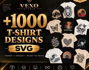 May include: A digital collection of over 1000 t-shirt designs in SVG format from Vexo Studio. The display features various graphic t-shirts including illustrations of a lion, skull, butterfly, planet, heart, rainbow, and mountain landscape on black and white shirts.
