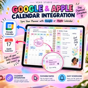 Può includere: Un'agenda digitale visualizzata su uno schermo di tablet con integrazione Google e Apple Calendar. L'interfaccia mostra una vista mensile, un piano settimanale e schede colorate. Il testo include Google & Apple Calendar Integration.
