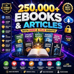 Peut inclure: Une collection numérique de 250 000+ ebooks et articles avec droits MRR et PLR. Le visuel présente un livre ouvert central entouré de couvertures sur des sujets comme la finance, le marketing, la santé et l'IA, sur un fond bleu foncé.