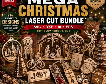 Könnte beinhalten: Eine digitale Sammlung von lasergeschnittenen Weihnachtsdesigns mit einer Krippe, Ornamenten, einem Rentier, einem Weihnachtsmanngesicht und Bäumen. Der Text umfasst MEGA CHRISTMAS LASER CUT BUNDLE, SVG, DXF, AI, EPS, FOR GLOWFORGE & CNC und MERRY & BRIGHT.