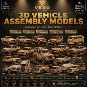 Può includere: Una collezione digitale di modelli di assemblaggio di veicoli 3D con varie auto, camion e motociclette in stile legno. La grafica include etichette di testo per modelli come Saveiro, Gol, Jeep CJ-5, Land Cruiser, Kombi T1, Passat, Parati, Opala, Chevette, Caravan, F-100, Honda CRF450R, Willys Rural, Scania RS80, GMC Tanker 1919, Mercedes Truck e F-75 Pickup.