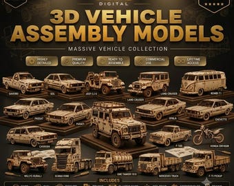 May include: A digital collection of 3D vehicle assembly models featuring various wooden-style cars, trucks, and motorcycles. The graphic includes text labels for models like Saveiro, Gol, Jeep CJ-5, Land Cruiser, Kombi T1, Passat, Parati, Opala, Chevette, Caravan, F-100, Honda CRF450R, Willys Rural, Scania RS80, GMC Tanker 1919, Mercedes Truck, and F-75 Pickup.