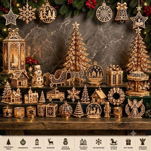 May include: A collection of laser-cut wooden Christmas decorations including two large trees, a lantern, a carousel, a snowman, a sleigh, a reindeer, houses, gift boxes, and various hanging ornaments, all featuring intricate filigree patterns.