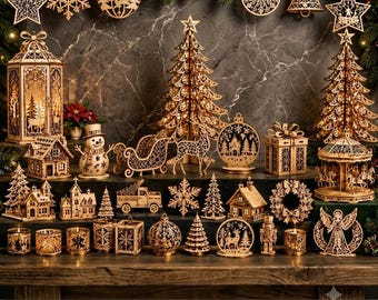 Könnte beinhalten: Eine Sammlung von lasergeschnittenen Holz-Weihnachtsdekorationen, darunter Bäume, Häuser, ein Schneemann, ein Schlitten, ein Karussell und verschiedene hängende Ornamente. Die Artikel weisen filigrane Muster und eine warme Innenbeleuchtung auf.
