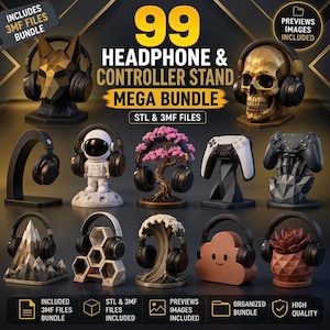 May include: A digital collection of 99 headphone and controller stands featuring various designs including a wolf, skull, astronaut, bonsai tree, mountain, honeycomb, wave, cloud, and succulent. The text reads 99 HEADPHONE & CONTROLLER STAND MEGA BUNDLE.