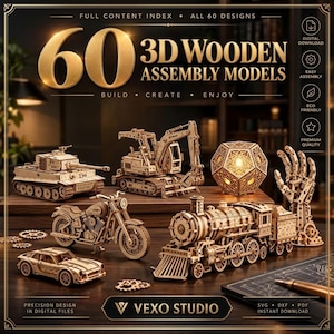 Puede incluir: Una colección de 60 modelos de ensamblaje de madera en 3D que incluye un tanque, excavadora, motocicleta, tren, lámpara geométrica y escultura de mano. El texto dice 60 3D WOODEN ASSEMBLY MODELS, BUILD CREATE ENJOY, VEXO STUDIO y otros detalles.