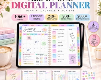May include: A digital planner displayed on a tablet screen showing a January monthly overview and weekly planning page with rainbow-coloured tabs. The interface includes text for 1060+ pages, 240+ templates, 200+ cover pages, and 2000+ digital stickers. A stylus is positioned next to the tablet.