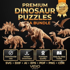 Könnte beinhalten: Ein digitales Set aus lasergeschnittenen Holzdinosaurier-Puzzles mit T-Rex, Triceratops, Stegosaurus und Pterodactyl. Die Grafik enthält den Text PREMIUM DINOSAUR PUZZLES MEGA BUNDLE, BEST SELLER sowie Symbole für kommerzielle Nutzung und Anleitungen.