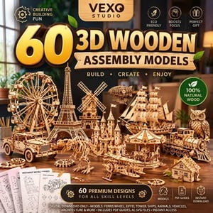 Könnte beinhalten: Eine Sammlung von 60 3D-Holzbausätzen mit verschiedenen Strukturen, Fahrzeugen und Tieren, darunter ein Riesenrad, der Eiffelturm, eine Windmühle, ein Schiff, ein Zug und eine Eule. Das Set enthält Anleitungen für den Zusammenbau.