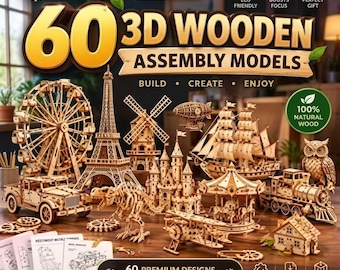 May include: A collection of 60 3D wooden assembly models featuring various structures, vehicles, and animals including a Ferris wheel, Eiffel Tower, windmill, ship, train, and owl. The set includes instructional guides for building these designs.