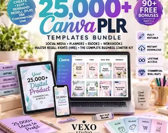 May include: A digital product bundle featuring 25,000+ Canva PLR templates, including social media, planners, and ebooks. The set includes a tablet, smartphone, laptop, and notebook displaying the text 25,000+ Digital Product and 25,000+ Ideas to Profit.