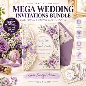May include: A digital wedding invitation bundle by Vexo Studio featuring lace, floral, and vintage templates. The main card displays purple roses, a cream background, and a laser-cut lace edge with a purple ribbon. Text includes names and event details.