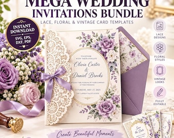 May include: A digital wedding invitation bundle by Vexo Studio featuring lace, floral, and vintage templates. The main card displays purple roses, a cream background, and a laser-cut lace edge with a purple ribbon. Text includes names and event details.