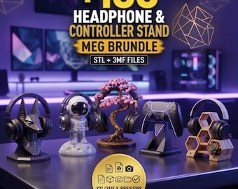 May include: A digital collection of 3D printable files for headphone and controller stands, featuring designs like an Anubis bust, an astronaut, a cherry blossom tree, a gaming controller mount, and a wooden honeycomb structure with STL and 3MF files.