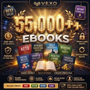 Op de afbeelding: Een digitale collectie van meer dan 55.000 e-books van Vexo Digital Solutions. De afbeelding bevat gouden tekst, een open boek en diverse e-book covers met titels zoals Keto Diet Success, Affiliate Marketing, Crypto en Financial Freedom.