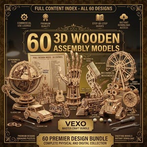 Può includere: Una collezione di 60 modelli di assemblaggio in legno 3D denominata VEXO Master Craft Bundle. L'immagine mostra figure in legno tagliate al laser, tra cui un globo astronomico, una mano meccanica, un microscopio, una ruota panoramica e una locomotiva.