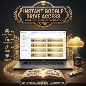 May include: A laptop displaying a Google Drive interface with eight gold folders labeled Business, Health, Self-Improvement, Cookbooks, Crypto, Crafts, Parenting, and Freelancing. Includes a Vexo Studio logo, a coffee mug, and an open book with text.