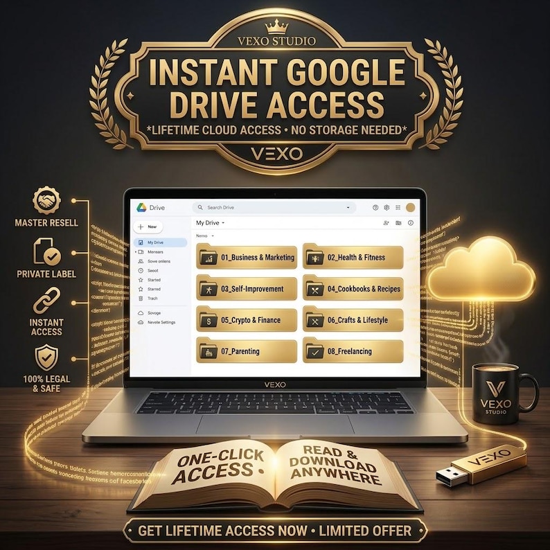 May include: A laptop displaying a Google Drive interface with eight gold folders labeled Business, Health, Self-Improvement, Cookbooks, Crypto, Crafts, Parenting, and Freelancing. Includes a Vexo Studio logo, a coffee mug, and an open book with text.