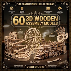 Può includere: Una collezione di 60 modelli di assemblaggio in legno 3D che include una pista per biglie, una ruota panoramica, una locomotiva a vapore e una mano meccanica. L'immagine contiene il testo Full Content Index - All 60 Designs, No Glue Required e Vexo Studio.