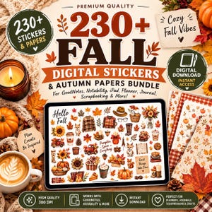 Op de afbeelding: Een digitale bundel met 230+ herfststickers en herfstpapier. Het scherm toont diverse seizoensgebonden illustraties zoals pompoenen, vossen, zonnebloemen, geruite kleding en koffiekopjes. De tekst bevat 230+ FALL DIGITAL STICKERS & AUTUMN PAPERS BUNDLE.