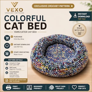 Chunky Crochet Cat Bed Pattern PDF, Yarn Eater Pet Bed Tutorial, Easy Scrap Buster Crochet Project, Bulky Wool Dog Bed, Instant Download