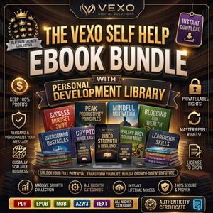 May include: A digital product bundle titled The Vexo Self Help Ebook Bundle with Personal Development Library. It features multiple book covers, a tablet, and a laptop displaying Inner Strength & Resilience, surrounded by icons and text labels.