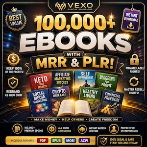 May include: A digital product advertisement for 100,000+ ebooks with MRR and PLR rights. The graphic features gold text, various book covers including Keto Diet Secrets and Financial Freedom, and icons for instant download, private label rights, and master resell rights. Includes file format labels for PDF, EPUB, MOBI, and AZW.