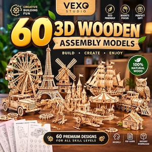 May include: A collection of 60 3D wooden assembly models featuring various structures including a ferris wheel, Eiffel Tower, windmill, castle, sailing ship, dinosaur skeleton, carousel, train, airplane, owl, and house, with assembly instruction sheets.