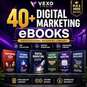 Op de afbeelding: Een digitaal marketingpakket met meer dan 40 e-books, waaronder titels als Dropshipping 101, Facebook Marketing, Digital Marketing, Affiliate Marketing, Email Marketing en Ecommerce Excellence, gepresenteerd met een label voor een professionele zakelijke bibliotheek.