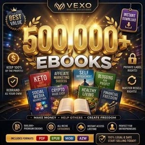 Op de afbeelding: Een digitale promotieafbeelding voor 500.000+ e-books van Vexo Digital Solutions. De afbeelding bevat gouden tekst, meerdere boekomslagen met titels zoals Keto Diet Success en Financial Freedom, en iconen voor directe download, doorverkooprechten en formaten.