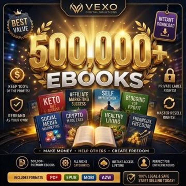 May include: A digital promotional graphic for 500,000+ ebooks by Vexo Digital Solutions. The image features gold text, multiple book covers with titles like Keto Diet Success and Financial Freedom, and icons for instant download, resell rights, and formats.