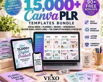 May include: A digital product bundle featuring 15,000+ Canva PLR templates, including planners, ebooks, and workbooks. The set includes a laptop, tablet, smartphone, notebook, and USB drive, all displaying branding for Vexo Studio and marketing text.