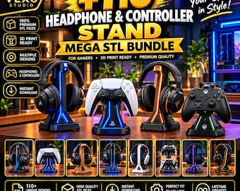 May include: A digital product listing for a 110+ headphone and controller stand mega STL bundle by Vexo Studio. The image displays various 3D printed stands in black and white, illuminated with blue and orange LED lights, holding gaming headsets and controllers.
